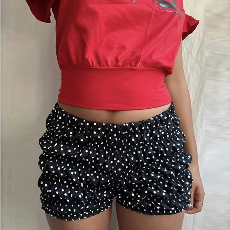 Preppy Cute Elastic Waist Bloomers Pants Vintage Dot Print Bubble Micro Shorts Coquette Fairycore Kawaii Y2K Pumpkin Shorts