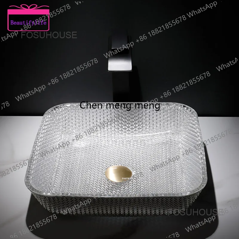 A17 Square Bathroom Sinks Color Bathroom Washbasins Electroplated Glass Art Table Wash Basin Crystal Washing Sinks Modern Hand B