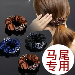 Luxury Pearls Beaded Hair Rope Ring Elegant Crystal Floral Fabric Women Girl Scrunchies Elastic Hair Rubber Bands Headwear