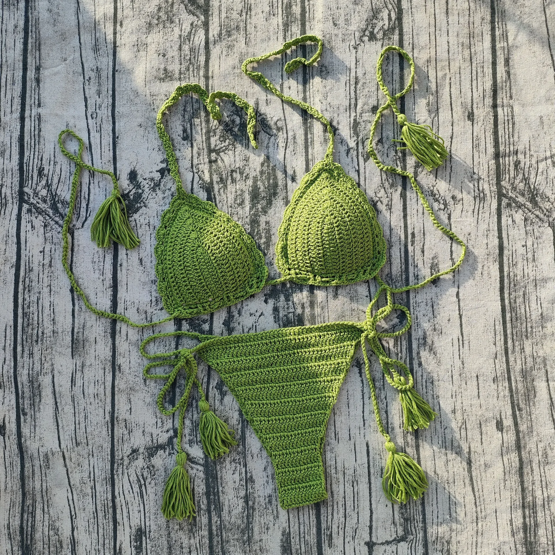 Grass Green Crochet Knit Bikini With Padding & Inner Lining Women Summer Beachwear Swimming Costume