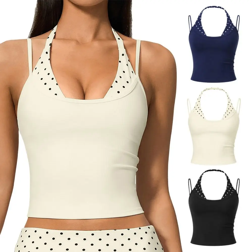 Polka Dot Yoga Tank Top Removable Padding Built In Bra Workout Tank Top Faux Layered Double Strap Sports Bra Tank Yoga Practice