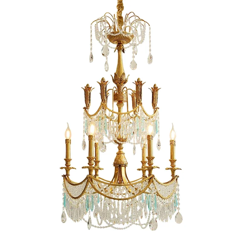 

French Luxury Dining Room Brass Crystal Double-Layer Chandelier Hotel Lobby Apartment Model Room Pendant Light