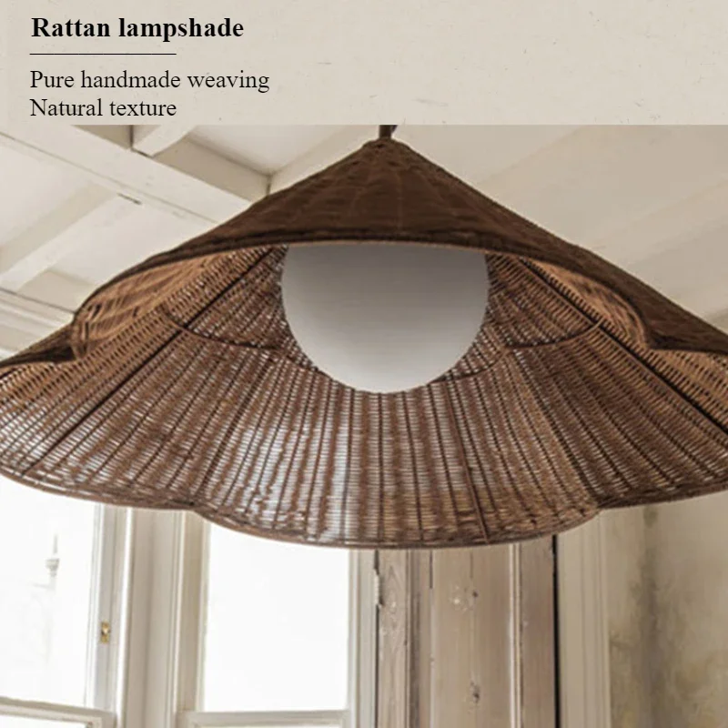 SANDYHA Rattan LED Pendant Light Modern Hanging Chandelier for Living Room Bedroom Dining Table Lighting Natural Woven Hat