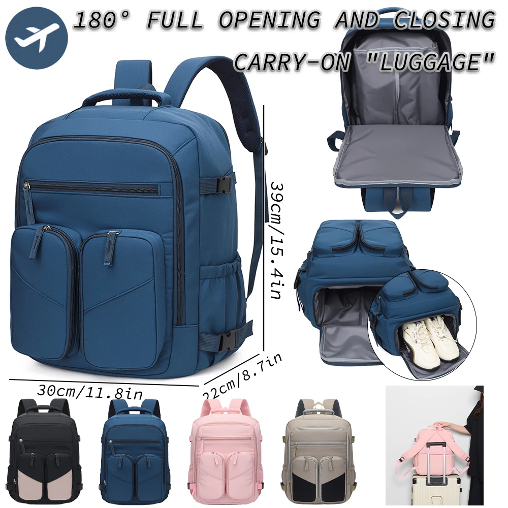 

25L Carry-On Travel Backpack, 180 ° Openable Laptop Daypack with Shoe Compartment, Durable Nylon Bag for Work & Trips
