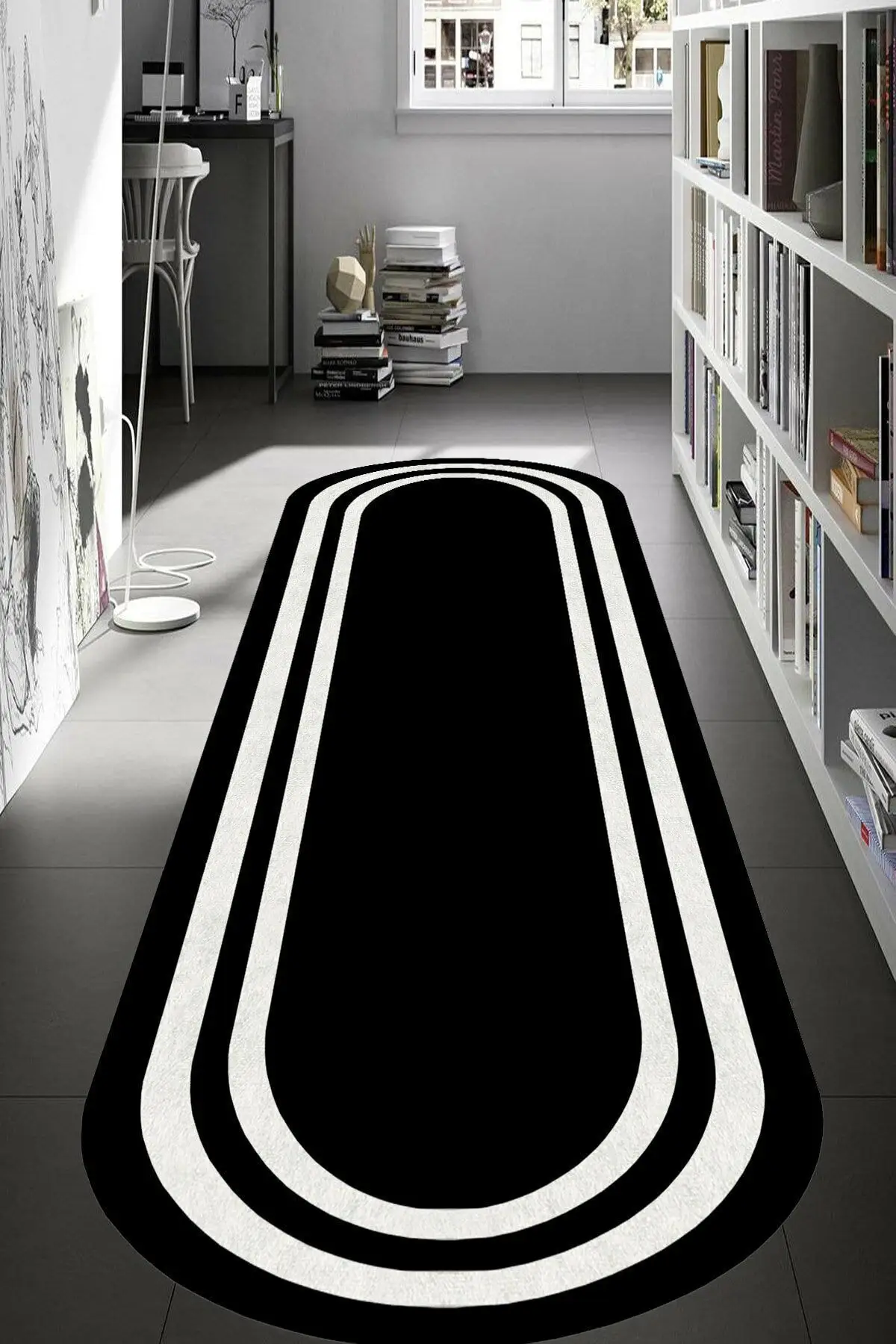 

DOLBOVI Adella digital printed non-slip base washable white striped black Oval living room carpet