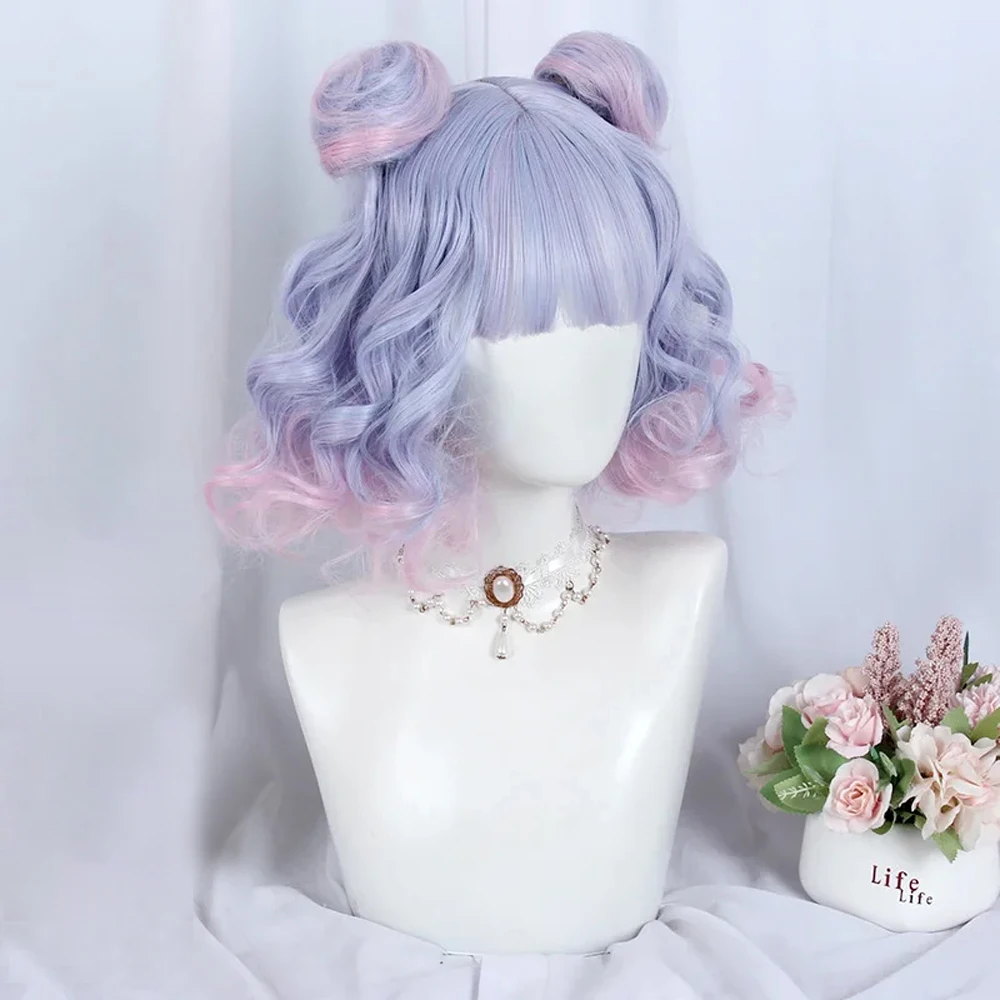 

Фиолетовый Ombre Розовый Синтетический Парик Короткие Волнистые Двойные Пучки Лолита Пушистый Парик Термостойкий для Повседневной Вечеринки