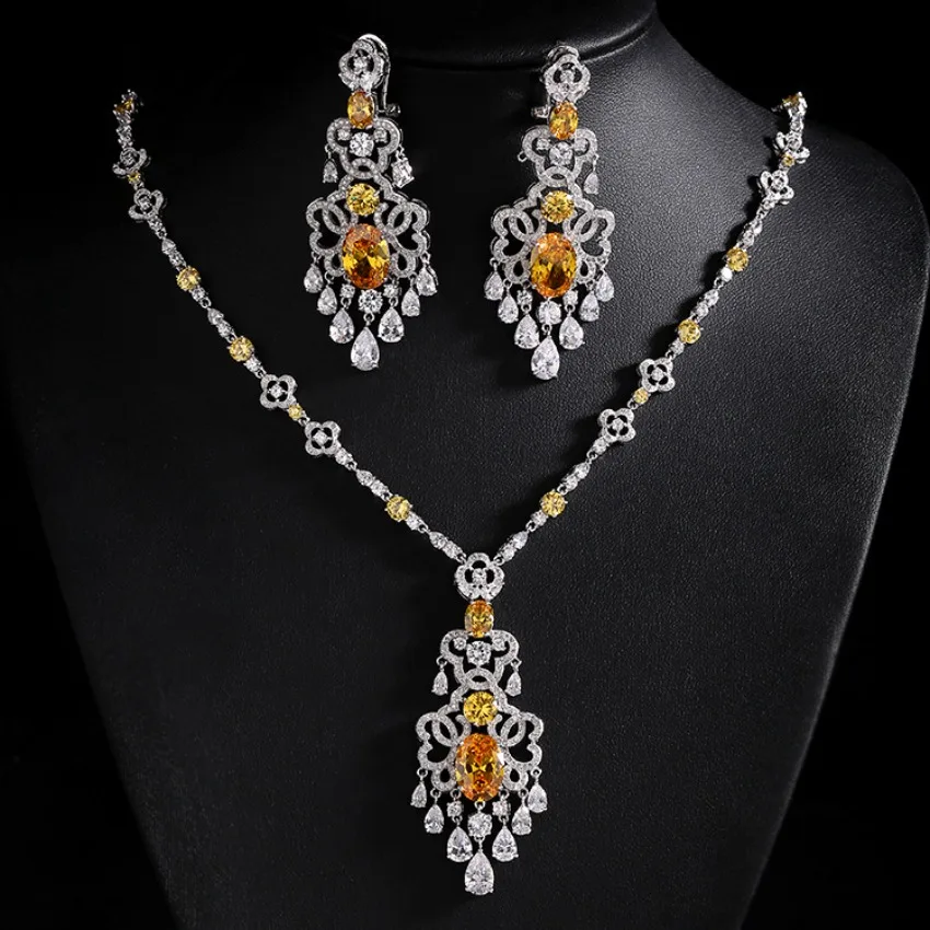 zircon jewelry set yellow green blue red white long pendant vintage necklace earrings wedding bride jewelry sets wife gift