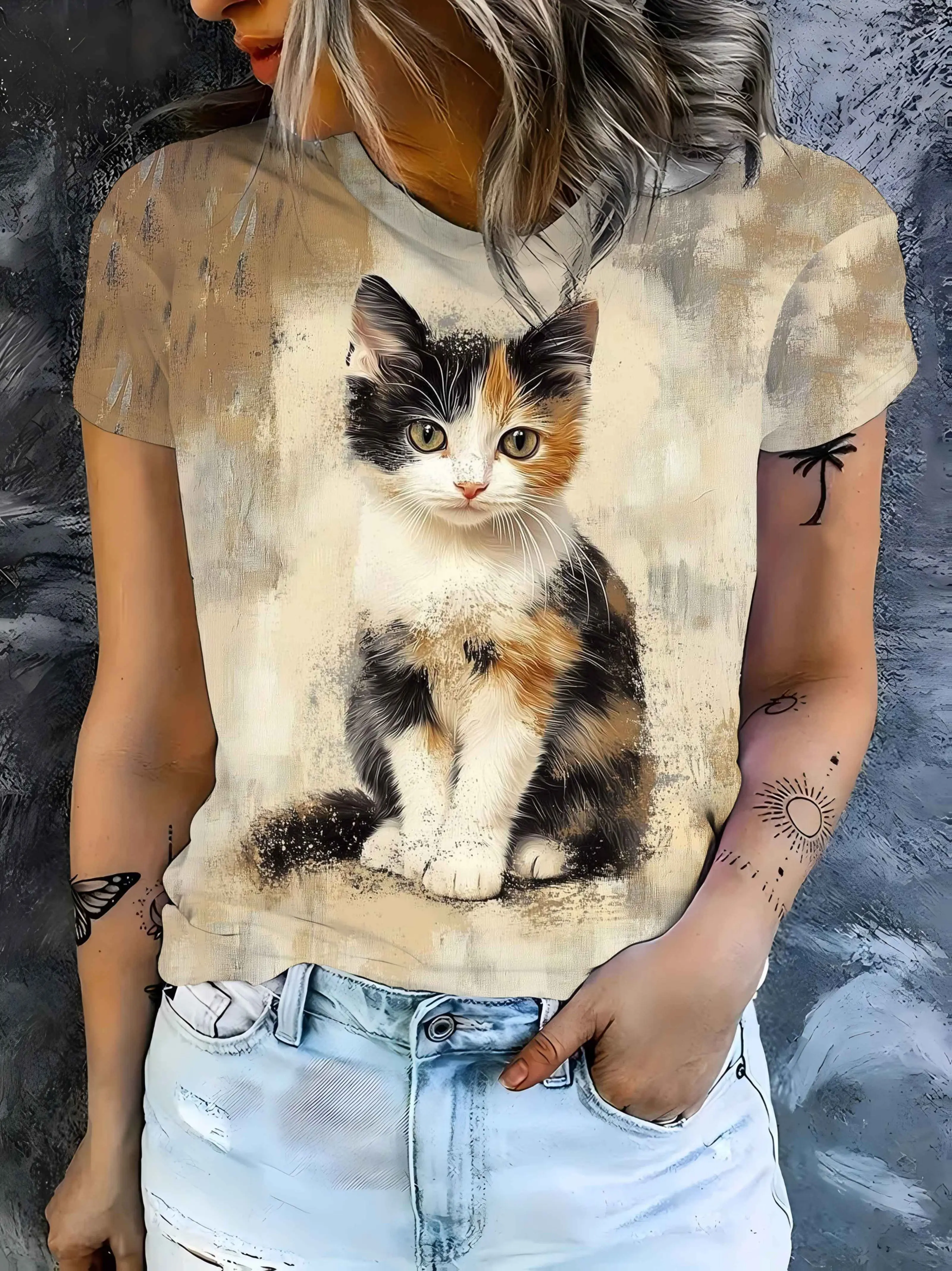 Women Crew Neck Short Sleeve T-shirt Vintage Gradient Background Calico Cat Print  Breathable Casual Summer Daily Streetwear Top