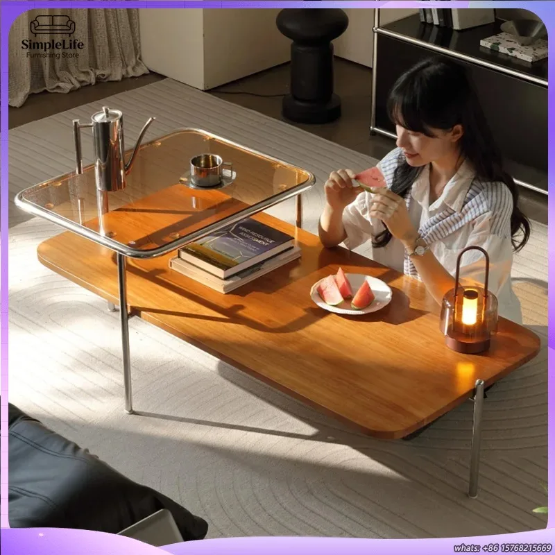 

Журнальный столик в стиле Mid-Century Modern с массивной деревянной столешницей, 2-уровневой стальной рамой и закаленным стеклом, минималистичная мебель для гостиной