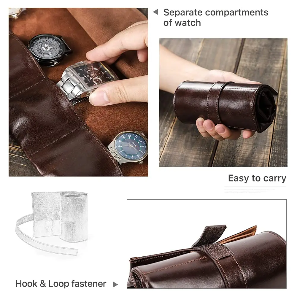 Genuine Leather Travel Watch Case Roll Organizer Classic, Leather 6-Watches Roll Case for Business Watches and Casual Watches