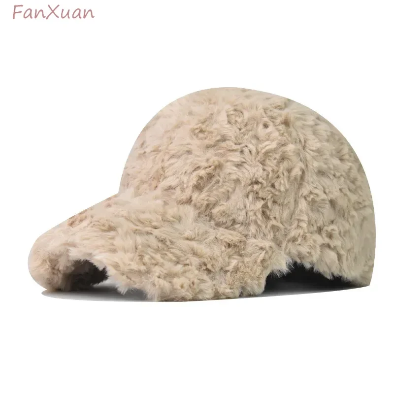 Autumn Winter Baseball Cap for Women Faux Fur Snapback Hats Pink White Beige Plush Fur Hats Women Caps