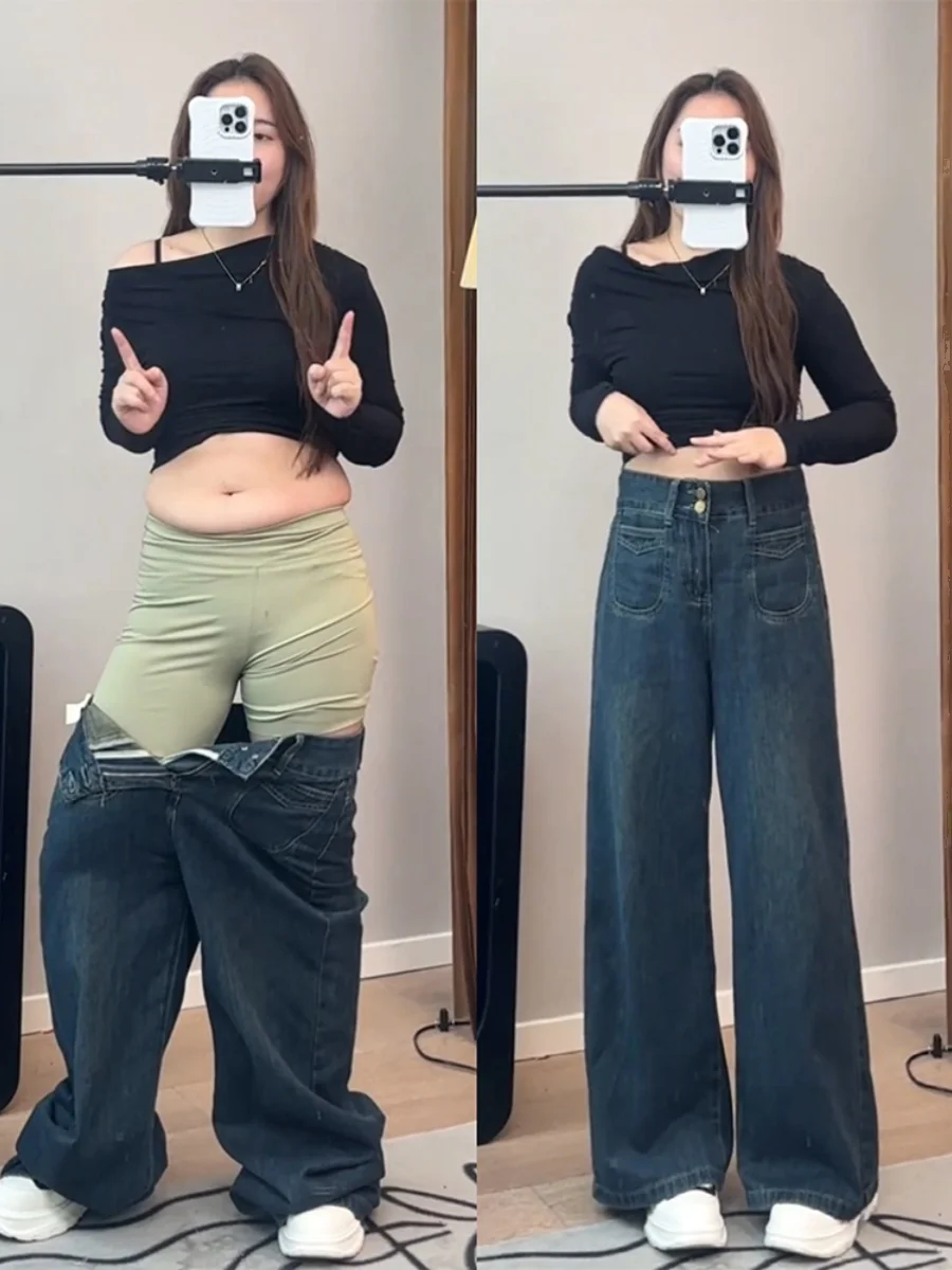 

Американские синие широкие джинсы в стиле ретро, женские весенне-осенние свободные прямые брюки больших размеров с высокой талией, тонкие грушевидные облегающие джинсы