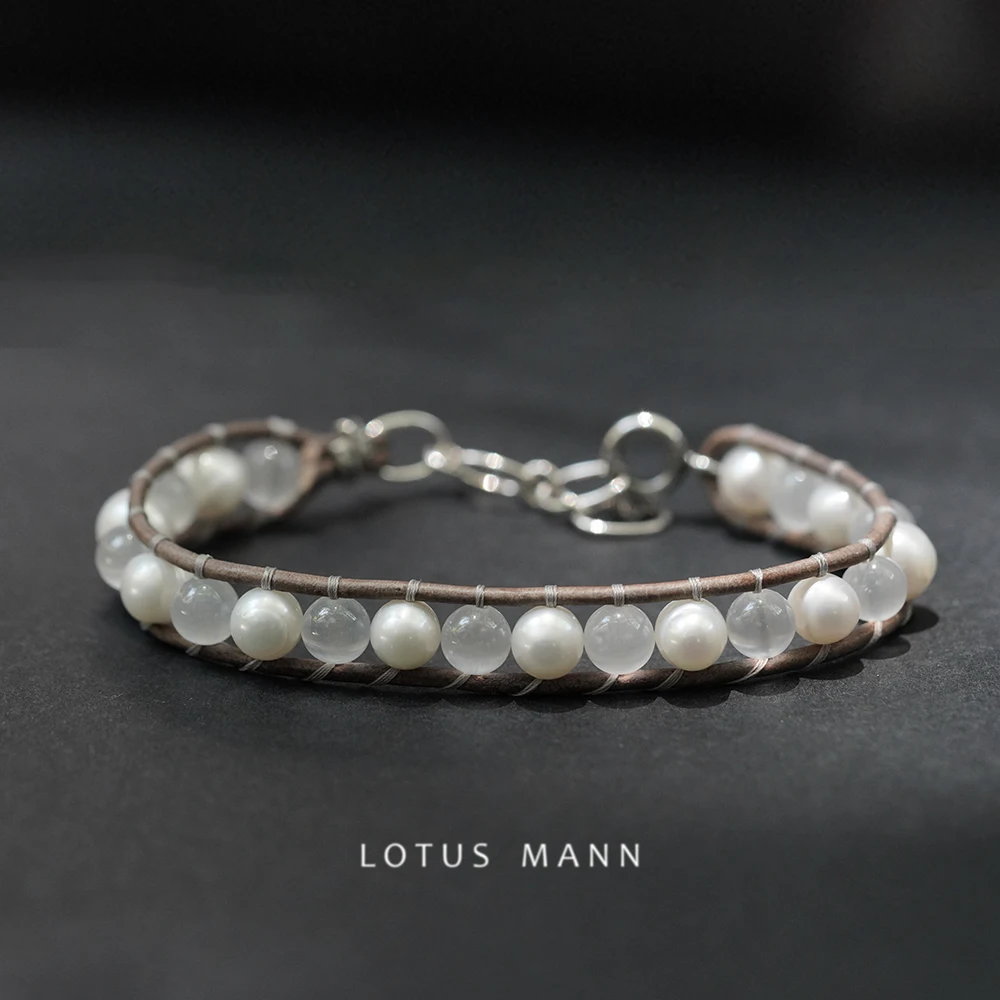 LotusMann Customized Spotlight! Messenger of Light. Natural Opal and Freshwater Pearl Natural Grey Leather Rope Bracelet