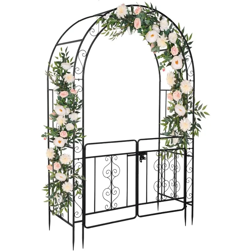 

7ft Garden Arch Arbor with Entrance Gate, Decorative Framed Standing Grid with Ground Stakes Wedding Ceremony Party