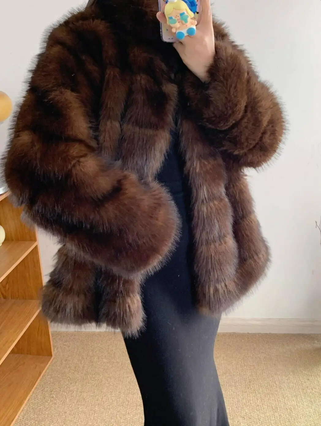 New 2025 Winter Vintage Brown Embossing Strip Line Faux Mink Fur Coat CHIC Women Stand Collar Long Sleeve Loose Outerwear Warm