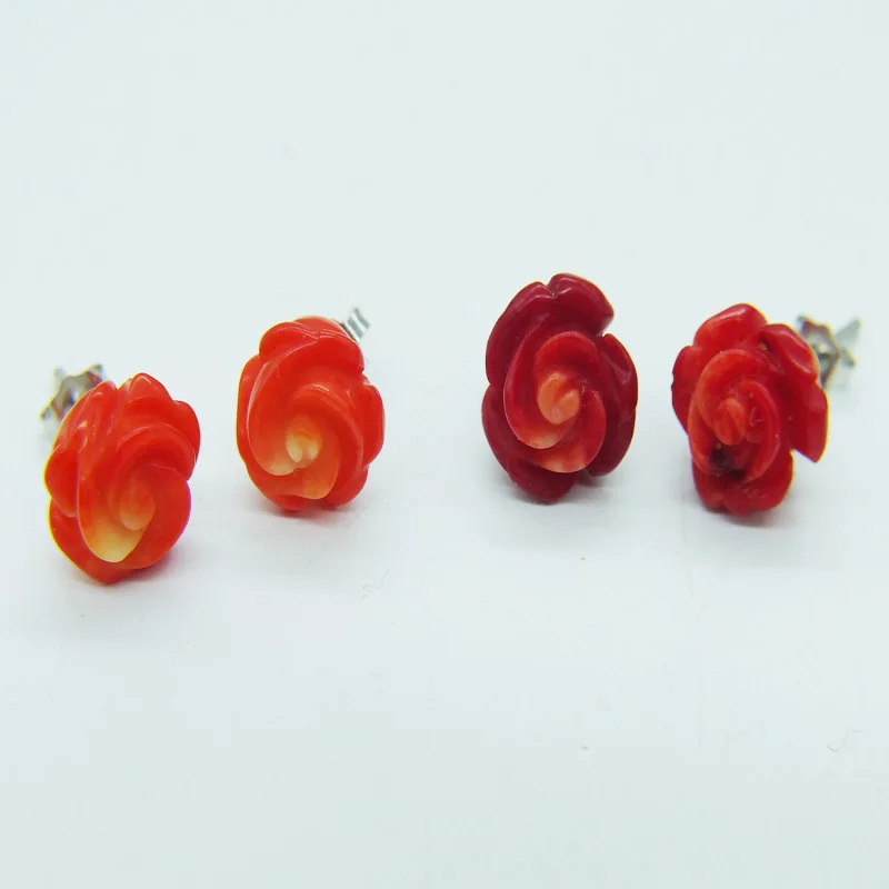 Exquisite !!  2pair Red Orange 8mm natural coral roses flower earrings