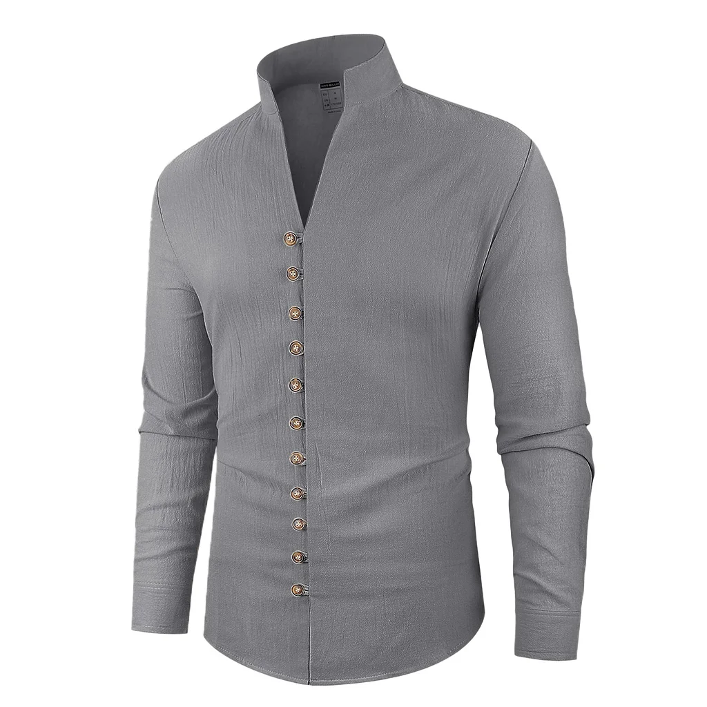 봄 가을 남성 셔츠 싱글 브레스트 세련된 헨리 넥 코튼 린넨 캐주얼 버튼 탑 심플 스타일 남성 아늑한 탑