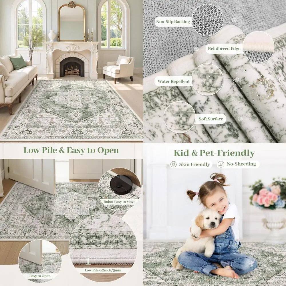 

Vintage 8x10 Tribal Area Rug - Large Oriental Living Room Carpet with Non-Slip Retro Medallion Design for Bedrooms