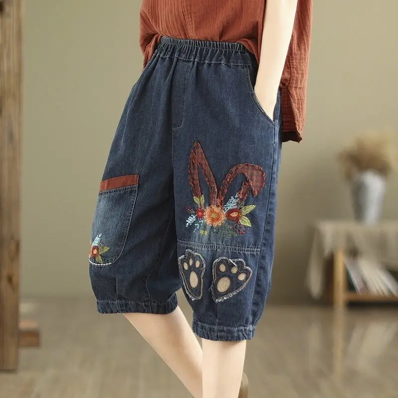 الرجعية المرقعة المطرزة الجينز خمس دقائق الدنيم الحريم جديد الصيف فضفاض منتصف طول السراويل #4