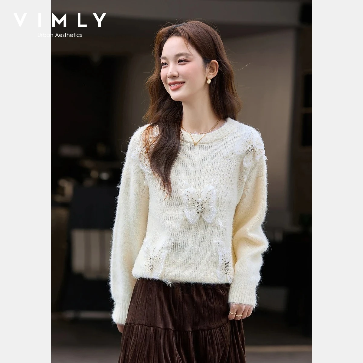 

VIMLY женский абрикосовый вязаный свитер, осень 202, с круглым вырезом, 3D кружевные детали бабочки, свободный крой, джемперы, мягкие удобные пуловеры 30397