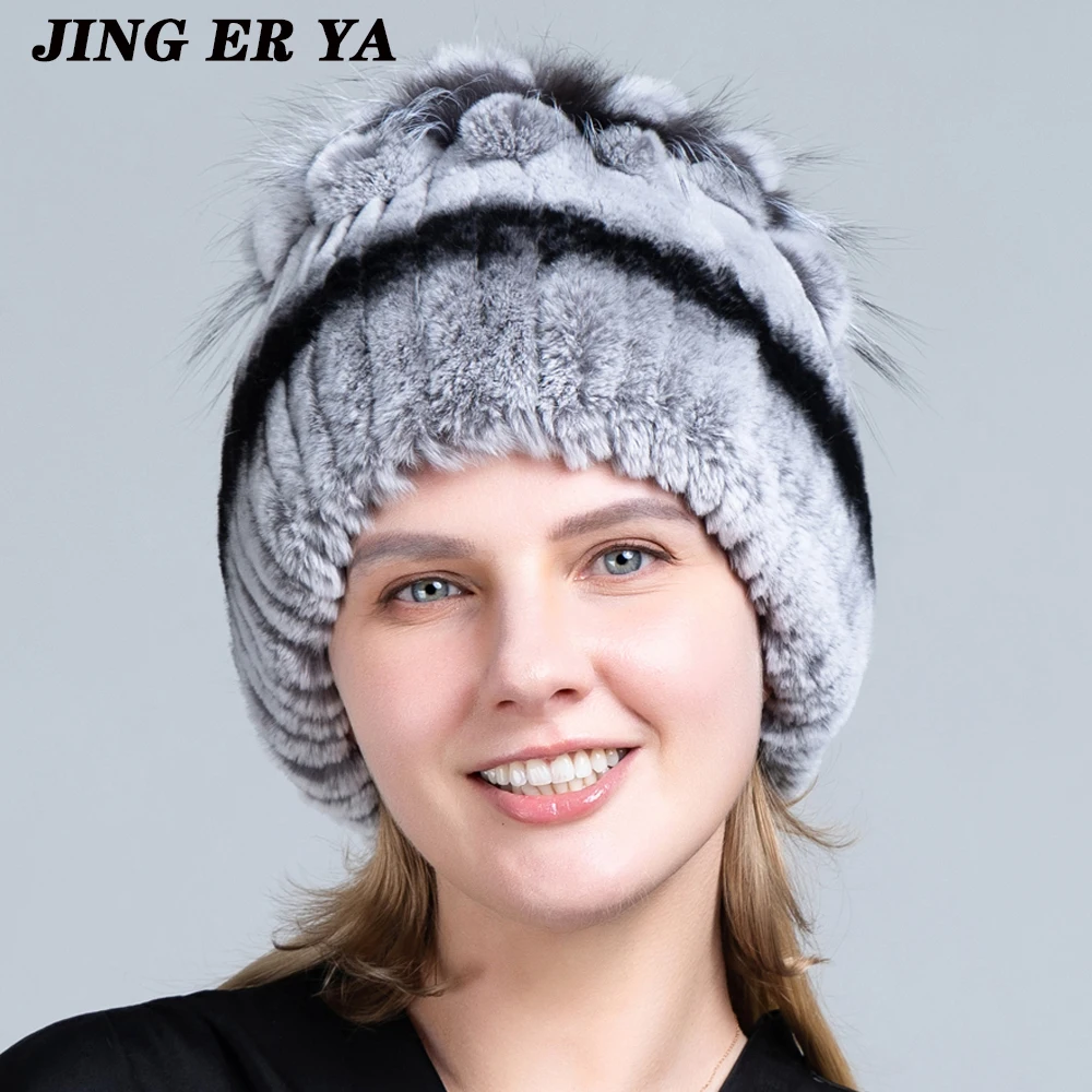 JERYAFUR Fur Hats for Women Winter Real Rex Rabbit Hat Fox Fur Kniting Female Warm Snow Caps Ladies Elegant Princess Beanies Cap