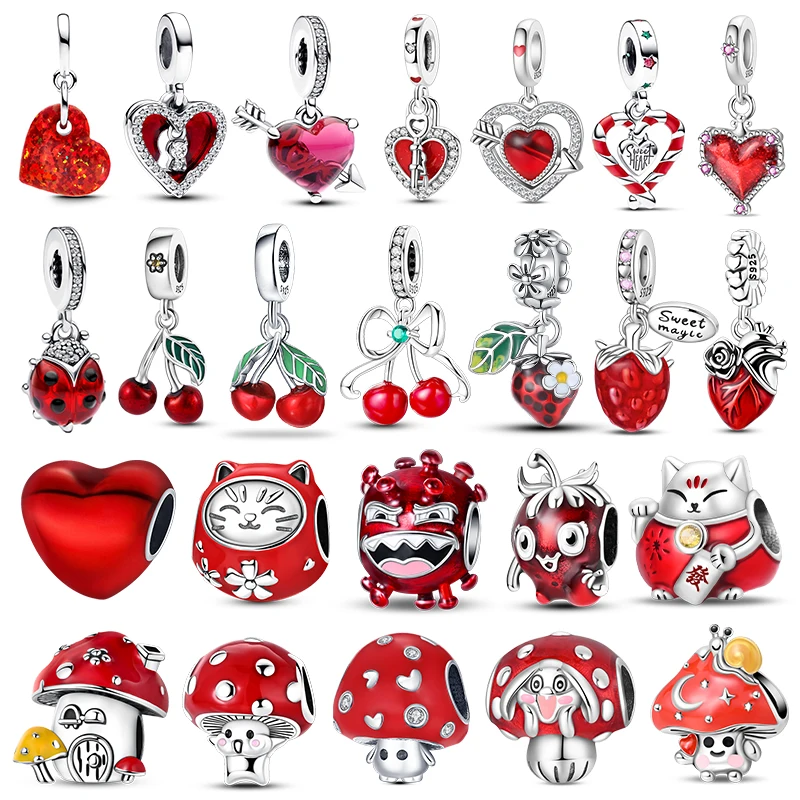 Abalorios Originales de Plata 925 con Diseño de Hombre Hongo Rojo y Cereza, Compatibles con Pulseras Originales de 3mm, Joyería Fina DIY para Mujer, Regalo Popular