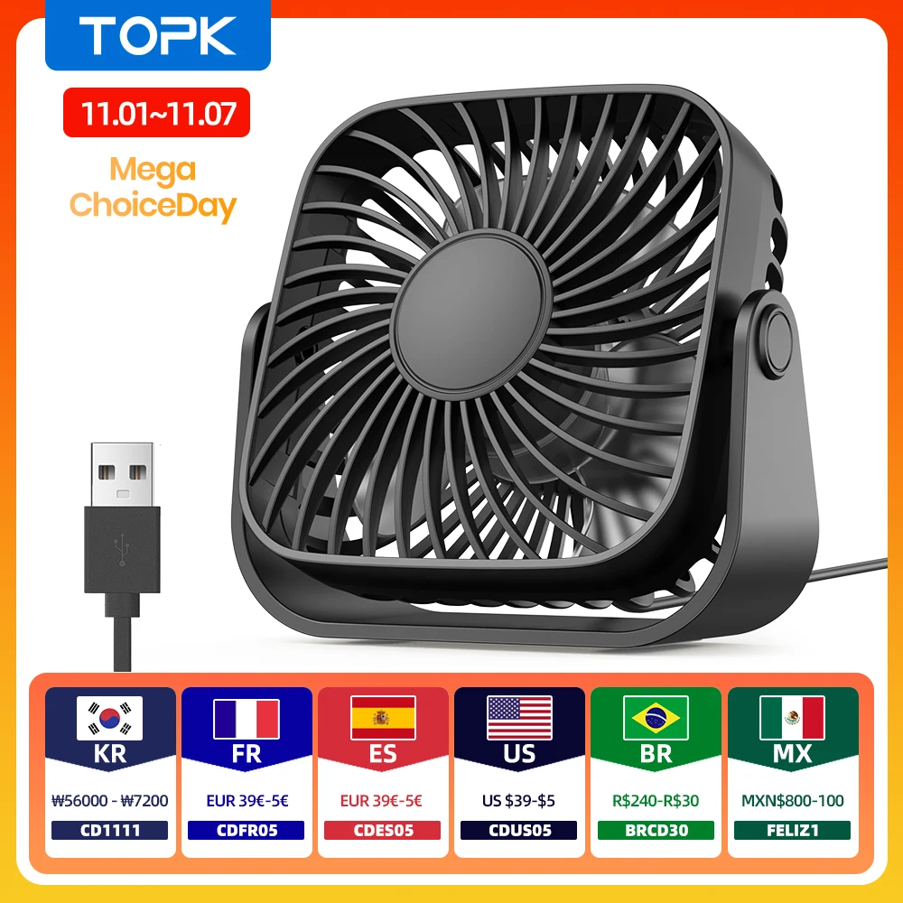 TOPK 4Inch USB Mini Desk Fan,3 Speeds Quiet Portable Desktop Table Fan,360°Adjustment Personal Small Fan for Bedroom Home Offic