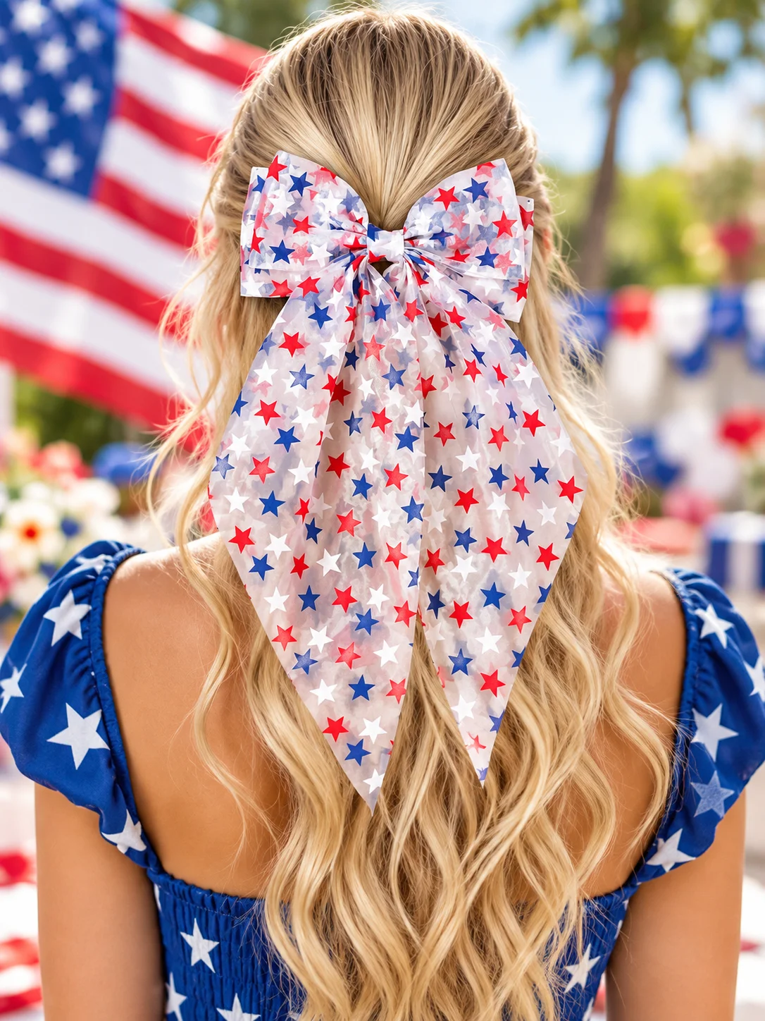 Red White Blue Star Print Chiffon Hair Bow Clip Large Long Tail Barrette Patriotic Hair Accessory for Women Girls