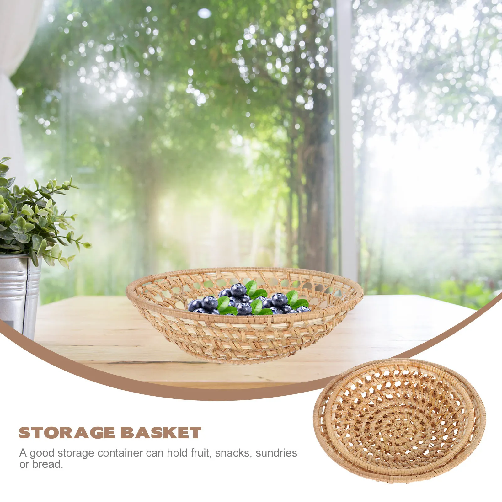 

2Pcs Handmade Woven Rattan Fruit Basket Portable Lightweight Food Storage Container Bread Snack Plate for Kitchen Home Hotel