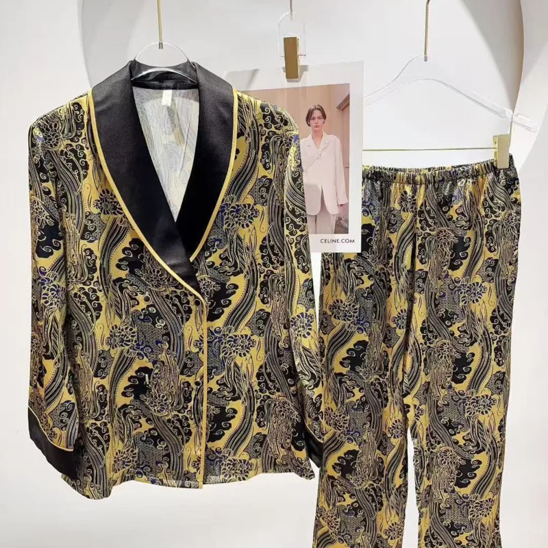 High-end Luxury Acetate Ice Silk Pajamas 2piece Set Women Long Sleeve Pants Lightweight, Elegant Nightgown Sleepwear Nighty