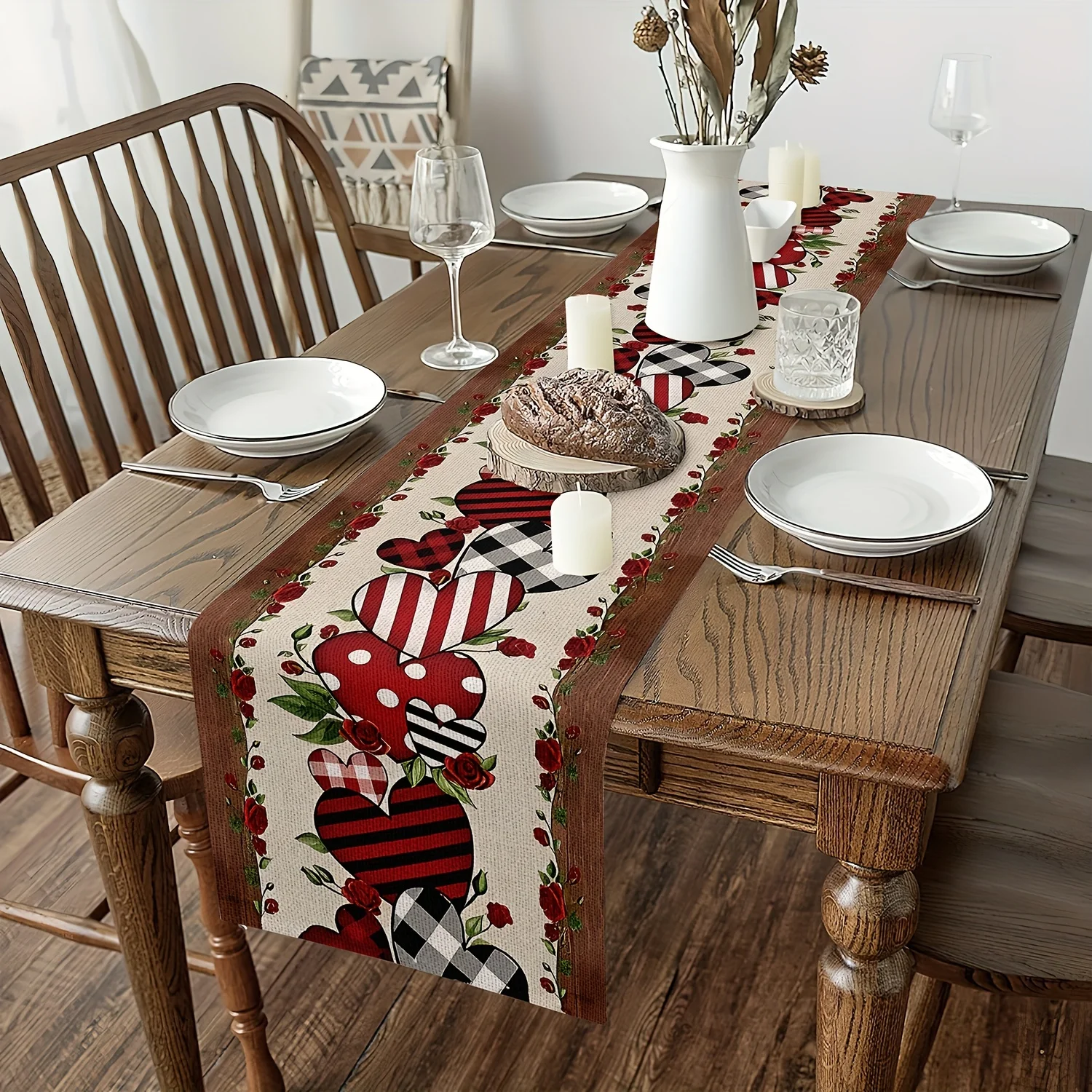 1Pc Valentine's Day Retro Heart-Shaped Table Runner Red and Black Checkered Heart-Shaped Rose Table Decoration Cloth Home Party Table Runner Long Tablecloth