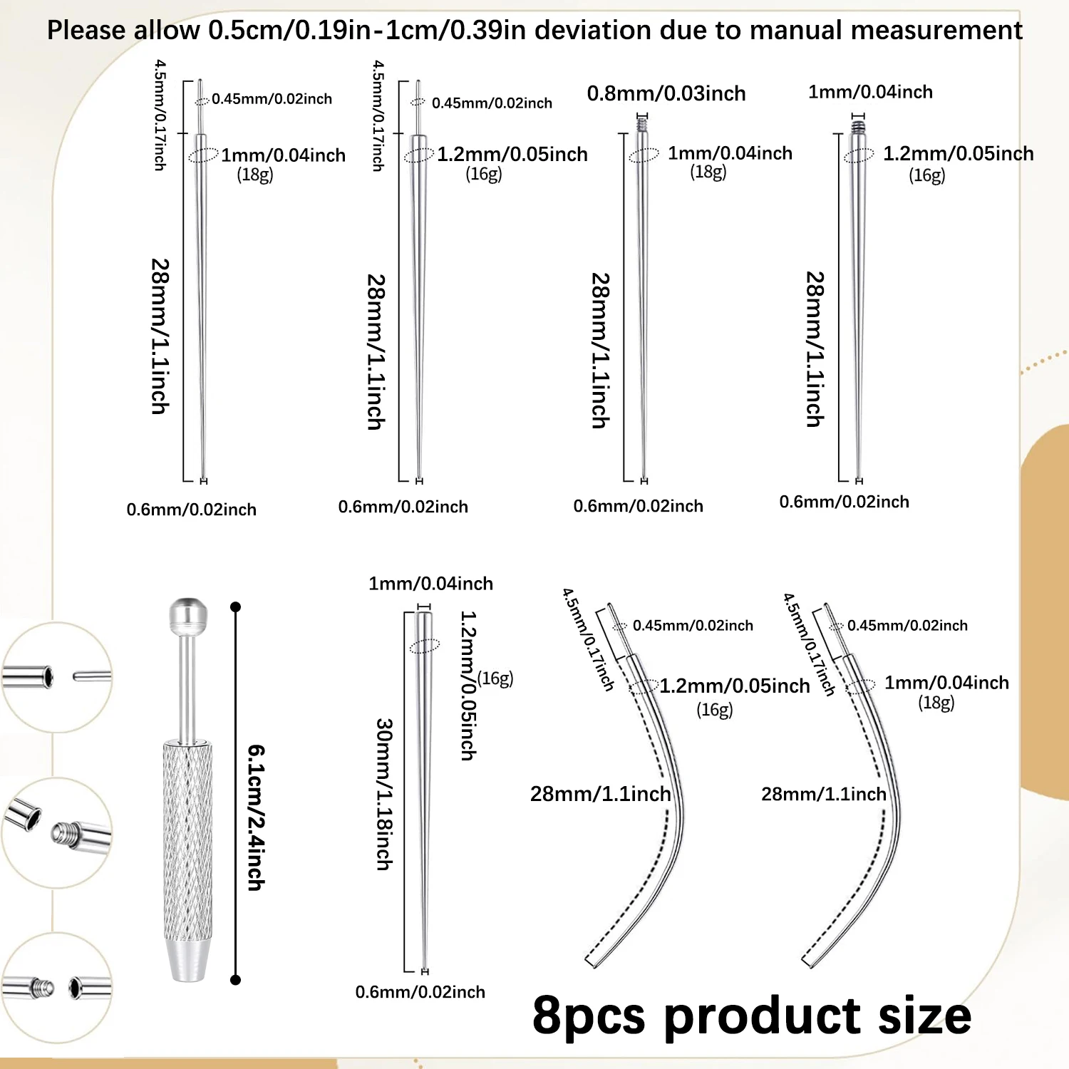 14/16/18 جرام طقم ثقب التيتانيوم موضوع داخلي منحني تفتق الإدراج دبوس أداة ل الزنمة اللولب الشفاه الأنف ثقب المجوهرات #5