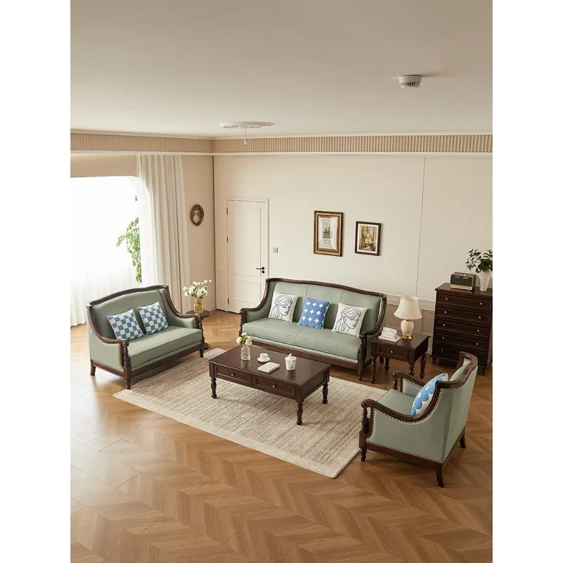 American solid wood sofa walnut retro first layer cowhide leather combination sofa antique modern living room furniture
