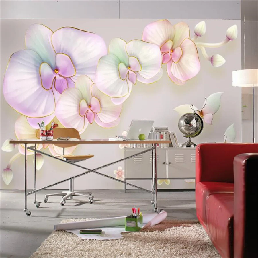 Customized fresh wallpaper, 3D relief butterfly orchid mural minimalist European style TV background wall living room decoration