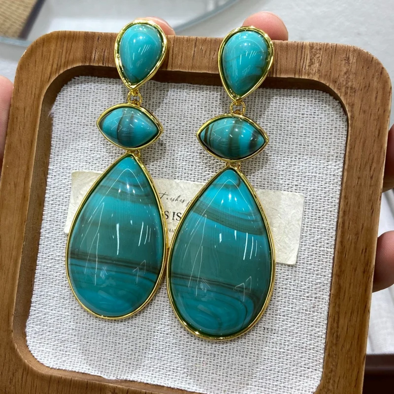 Triple Layer Water Drop Statement Earrings Smooth Swirl Green Stone Gold Silver Frame Ladies Accessory