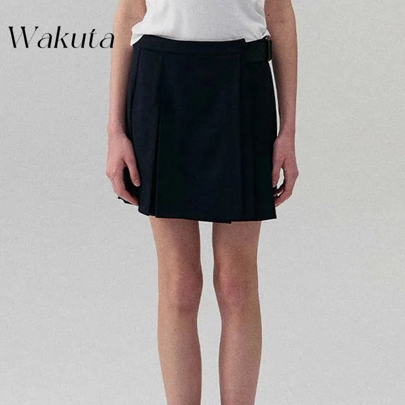 WAKUTA Japanese Commuter Versatile Fashion Old Money Style Bustier Skirt Classic High-waisted Thin A-line Pleated Skirts 니트 스커트