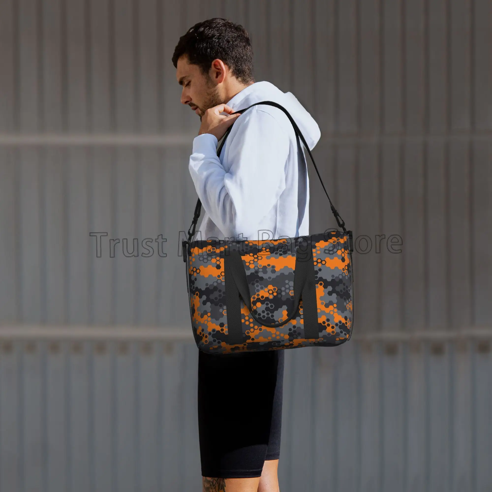 Bolsa de viaje con estampado de camuflaje naranja para hombres y mujeres, equipaje de mano de gran capacidad, bolsas de lona de viaje, bolsas de fin de semana multifuncionales