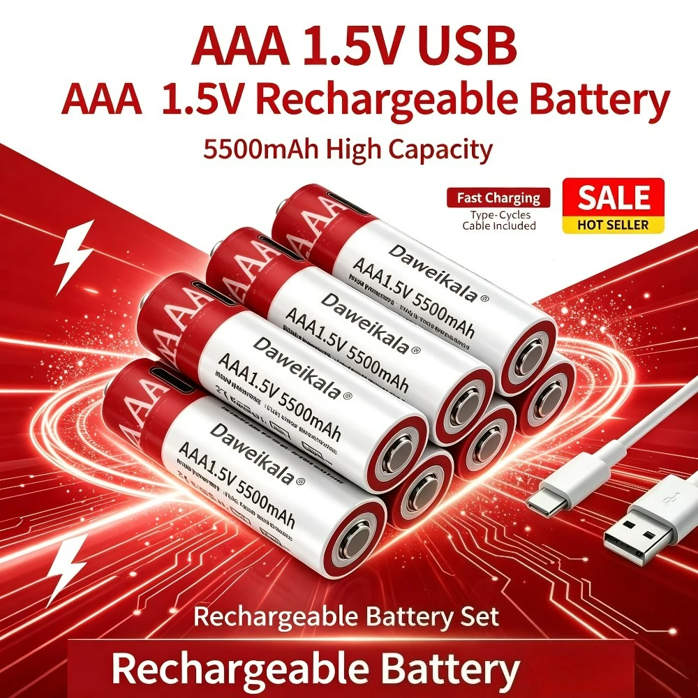 USB AAA 5500 mAh wiederaufladbare Batterien, 1,5 V Li-Ionen-Akku für Fernbedienung, Maus, elektrische Spielzeugbatterie + Typ-C-Kabel