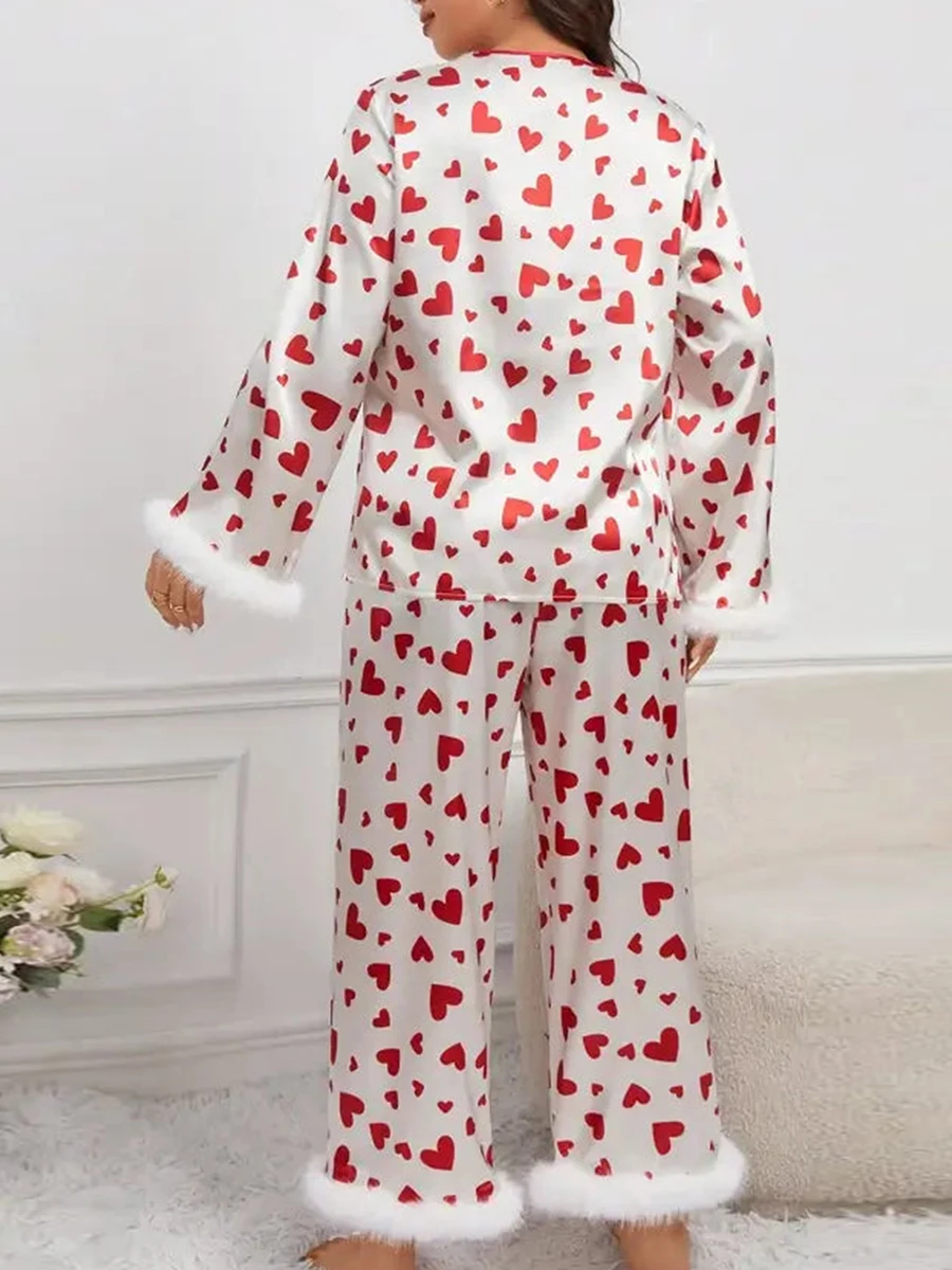 Valentine s Day Women s Pajama Set with Heart Print Long Sleeve Button Up Top and Pants Cozy Sleepwear Lounge Sets