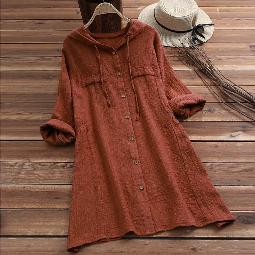 Women Blouses Vintage Cotton Linen Button Shirts Summer Long Sleeve Casual Hooded Tops And Blouses Plus Size Shirts Tunic Top