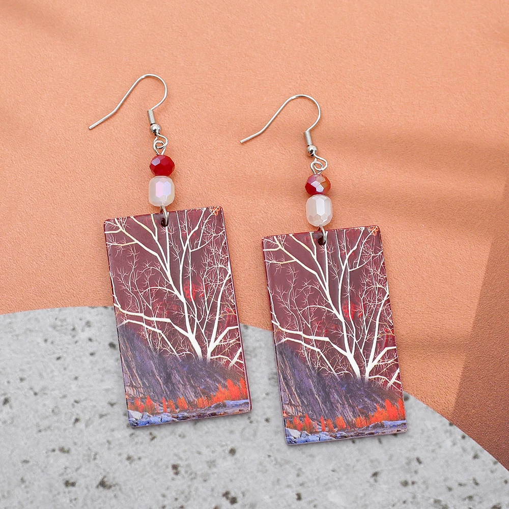 New In Fashion Acrylic Vintage Earrings For Women Elegant Hot Selling Jewelry Red Brown Print Forest Tree Pattern Trend 2024