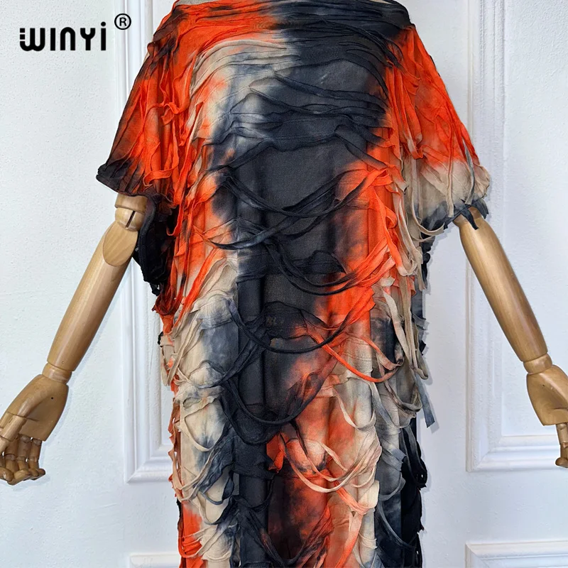 WINYI new tie-dye print summer Deep High fork sexy dress Elegant Floor-sweeping evening dress Women Beachwear kaftan