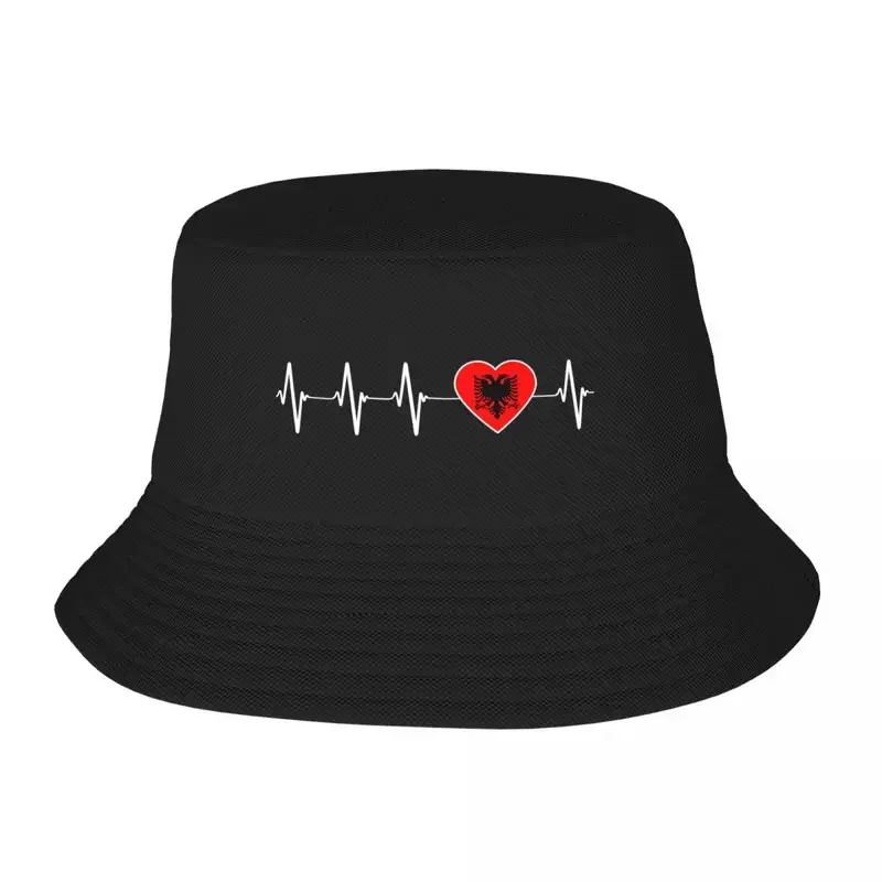 Custom Albanian Heartbeat Albania Flag Bucket Hat Women Men Beach Sun Summer Camping Fishing Cap