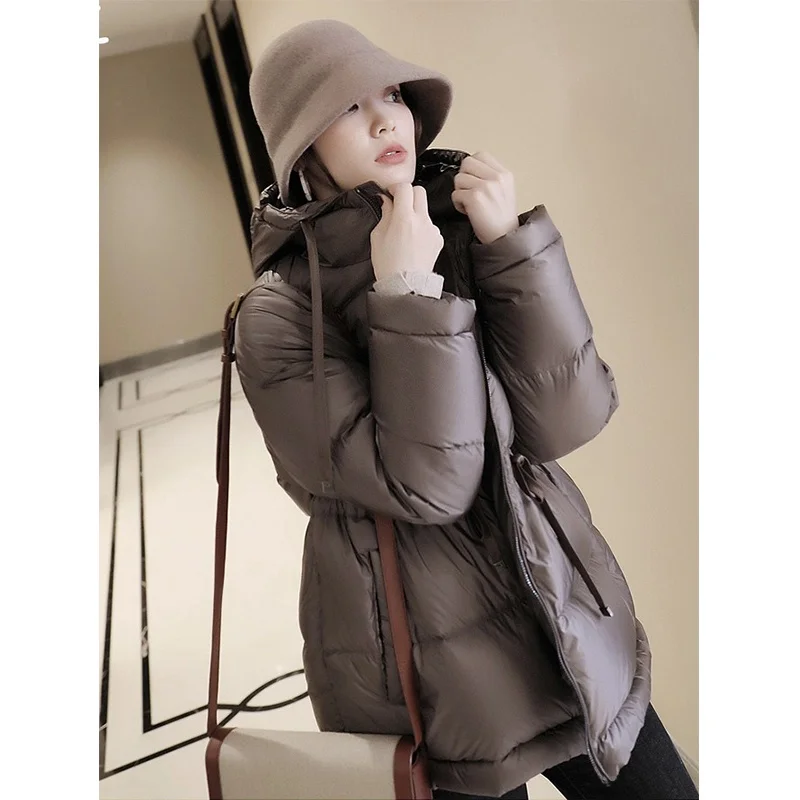 

Новая зимняя теплая куртка с капюшоном и капюшоном, женская универсальная утягивающая верхняя одежда средней длины 90, белая модная верхняя одежда с перьями Du