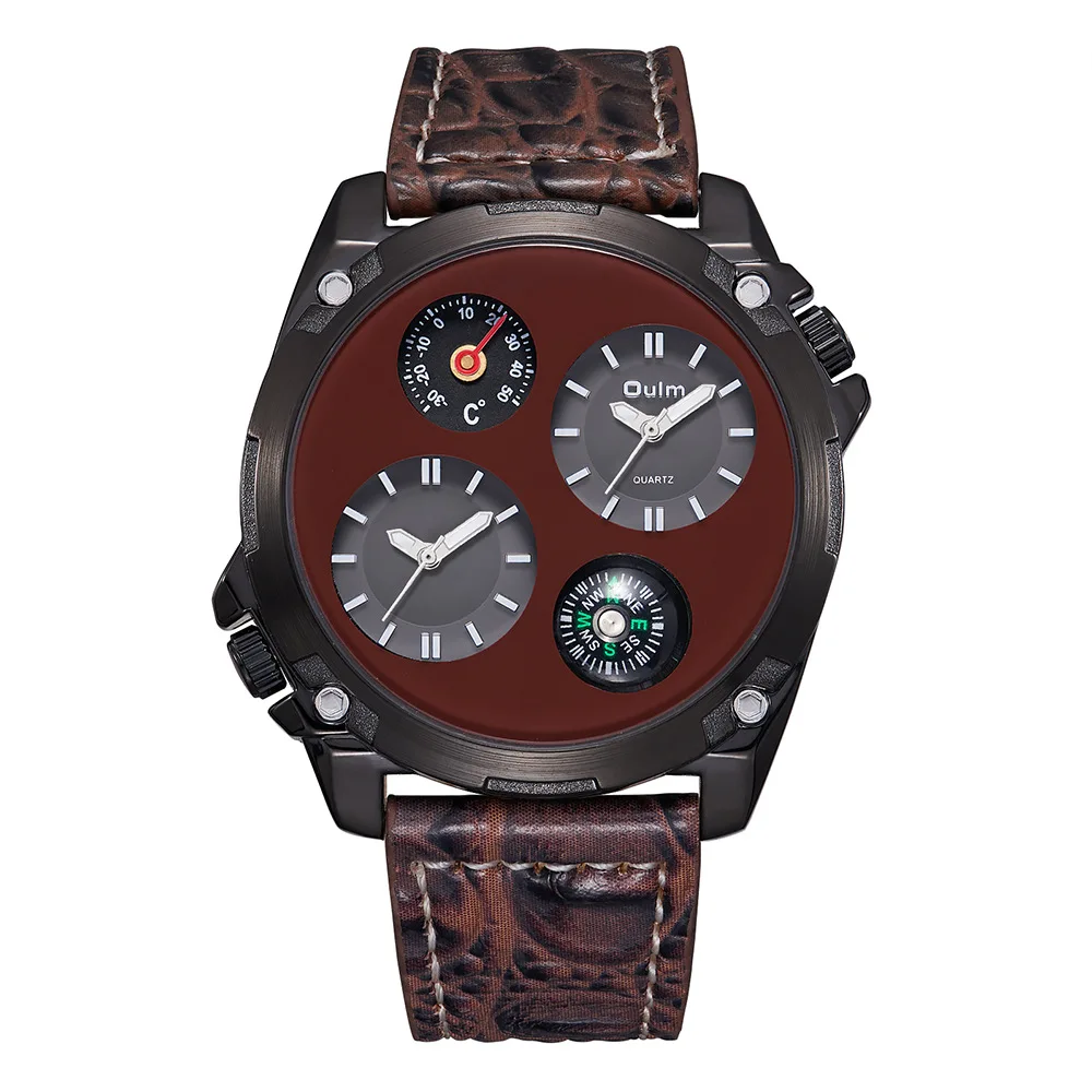 OULM men's quartz sports belt watch military watch thermometer large dial men's watch dual time zone compass belt quartz watch