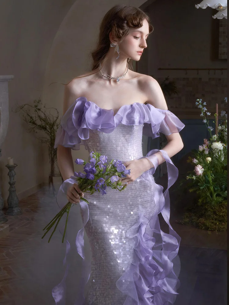 فستان سهرة أرجواني مكشوف الكتفين للنساء، عمل ثقيل، مثير، مطرز بالترتر، عشاء، ذيل السمكة، نخب العروس