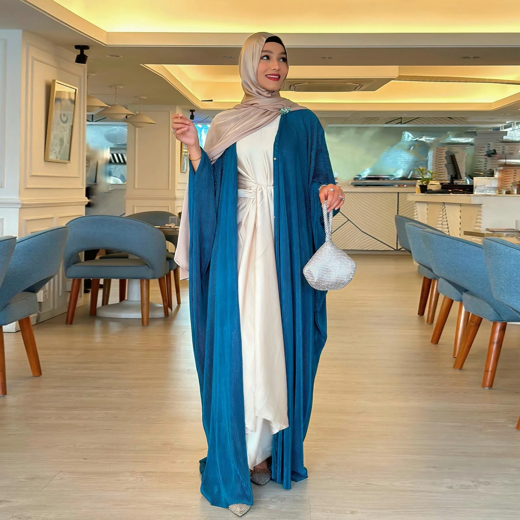 Pleated Muslim Ramadan Eid Open Kimono Abaya Batwing Sleeve Casual Loose Moroccan Gulf Women Robe Corban Eid Cardigan Kaftans