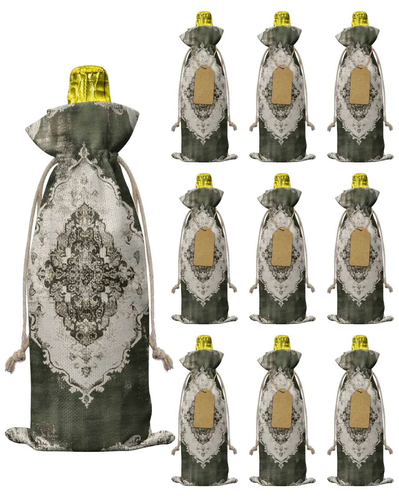 10pcs Floral Carpet With Green And White TextureWine Bottle Bag with Drawstring Festive Party Decor Wine Bottle Covers Gift