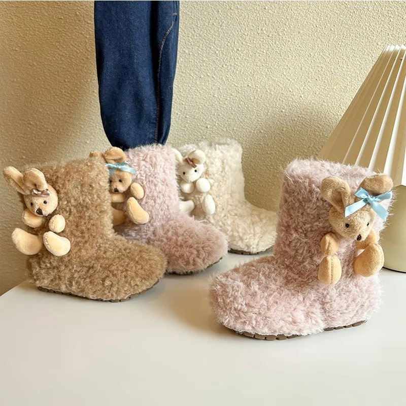 

New Children Winter Cute Rabbit Snow Boots Girls Lamb Fashion Fluffy Shoes Fleece Short Boots Warm Kids Ankle Boots Solid Color