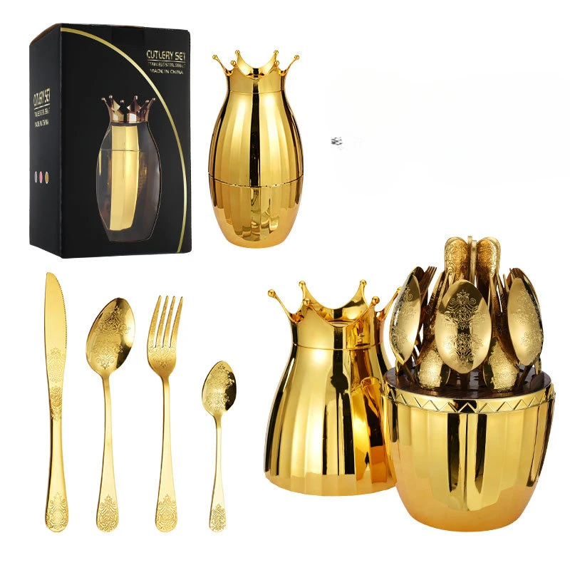 Crown Bottle Silver Egg Golden Egg Storage Tableware 24 Pieces Set Stainless Steel Knife Fork and Spoon Cutlery Gift  Set